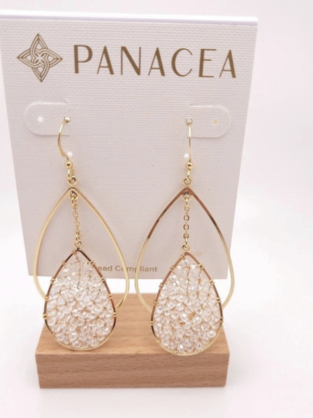 Panacea | Teardrop Crystal Wire Earrings in Gold & Clear NWT